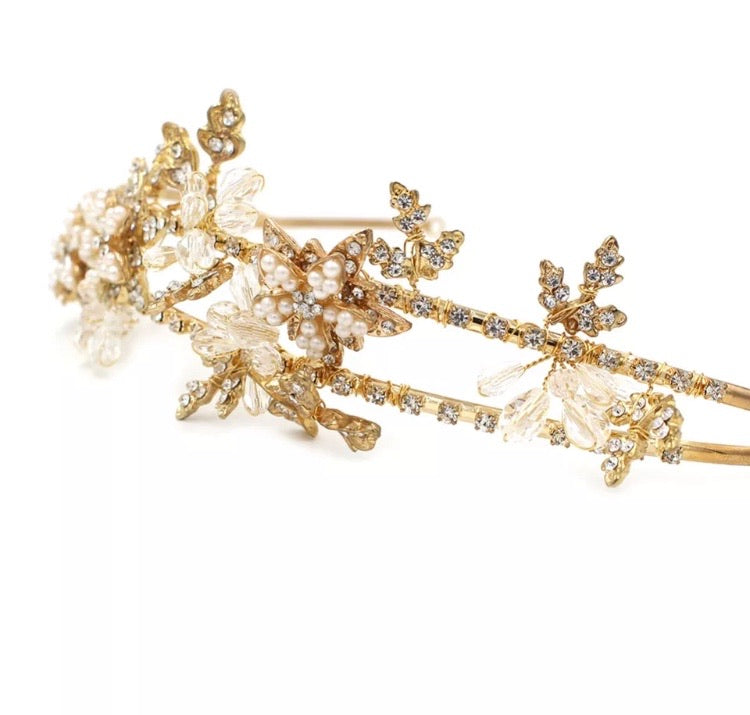 SEPHORA - Tiara with mother of pearl flowers and brass leaves